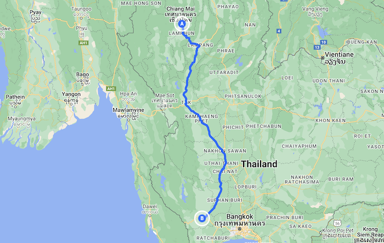 Chiang Mai to Kanchanaburi Map