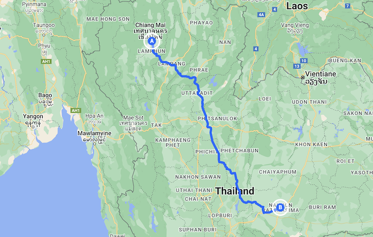 Chiang Mai to Nakhon Ratchasima Map